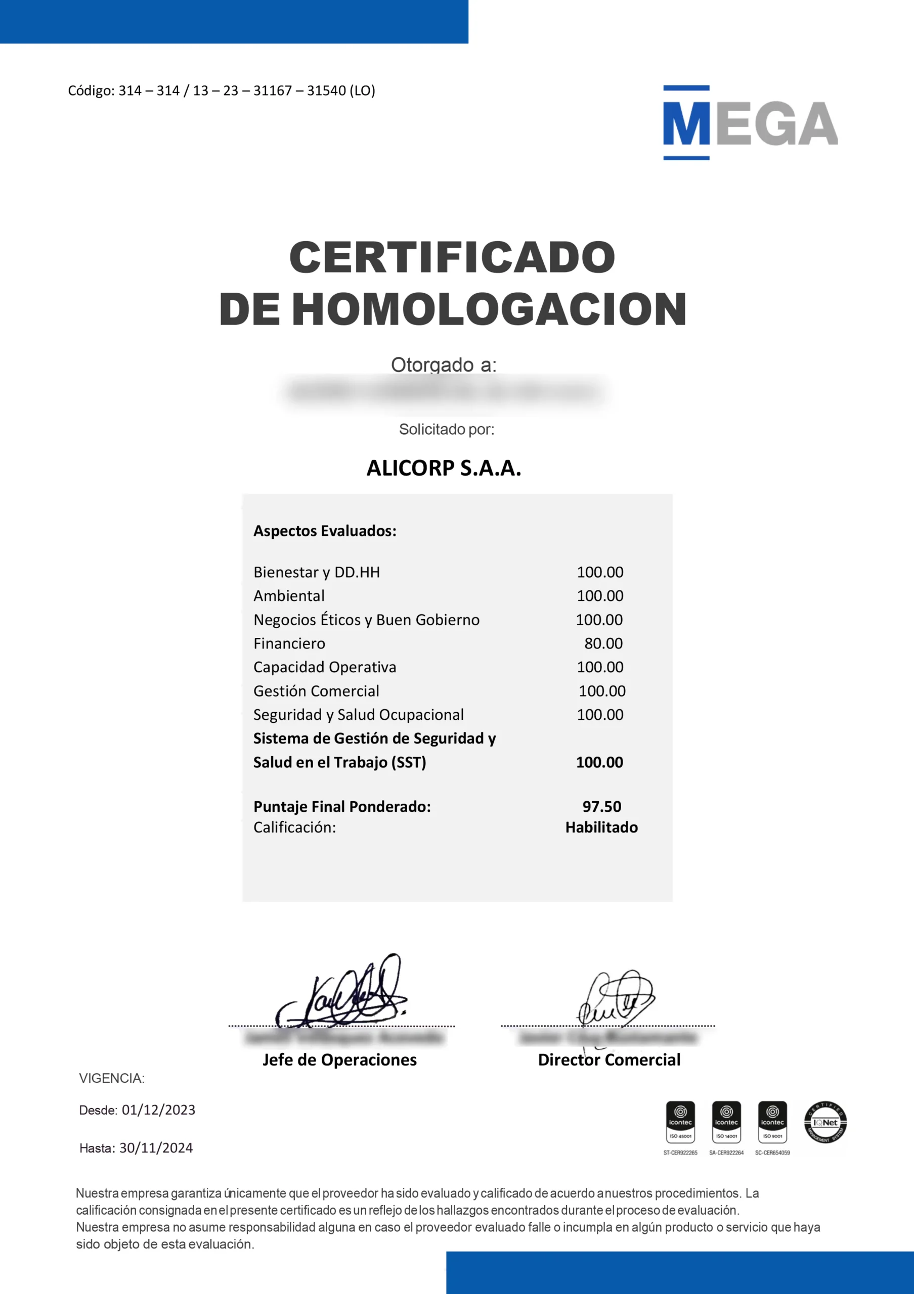 Certificado Lev. ACERCOM - ALICORP